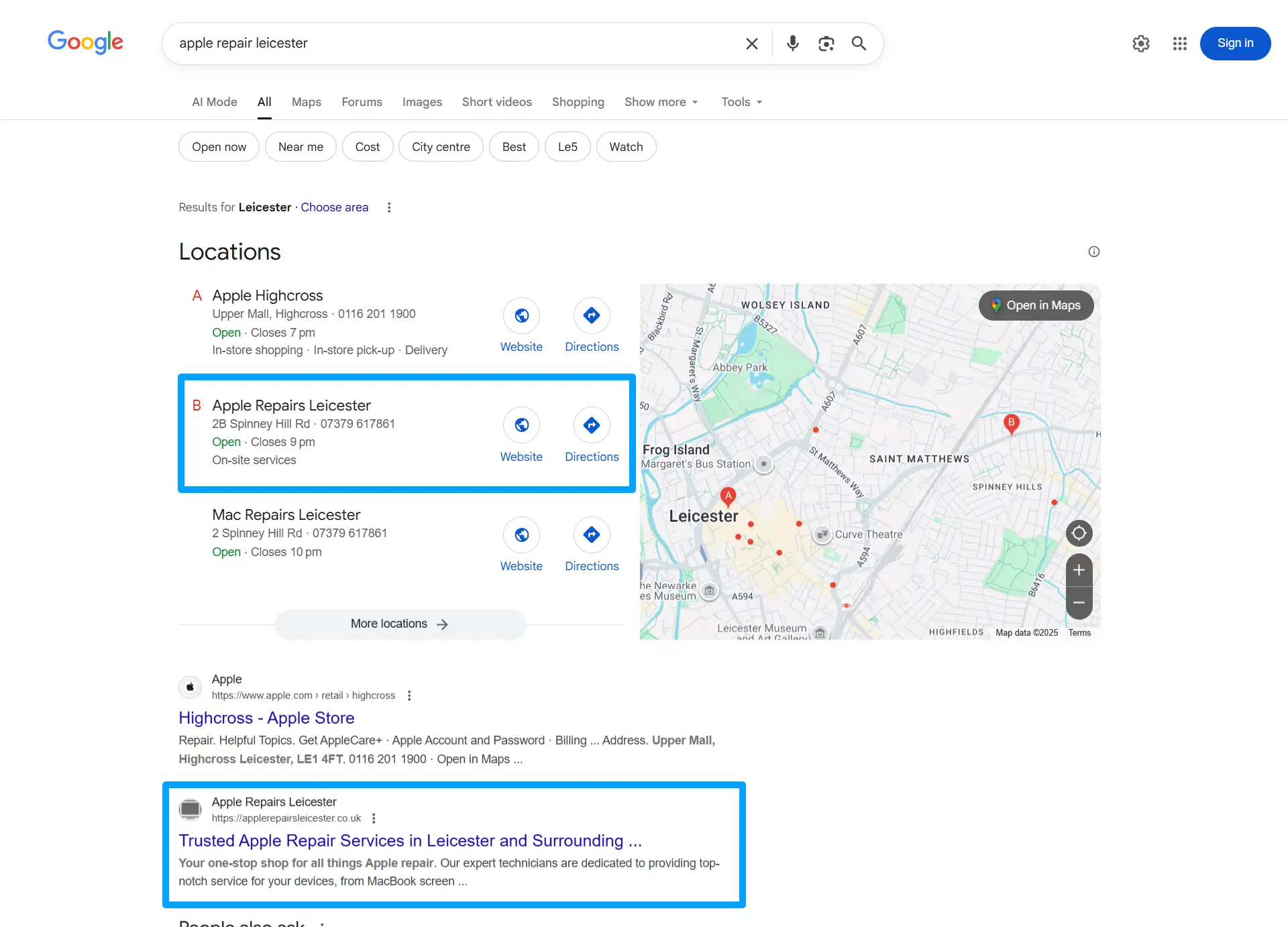 Apple Repair Business Google Search Ranking Results