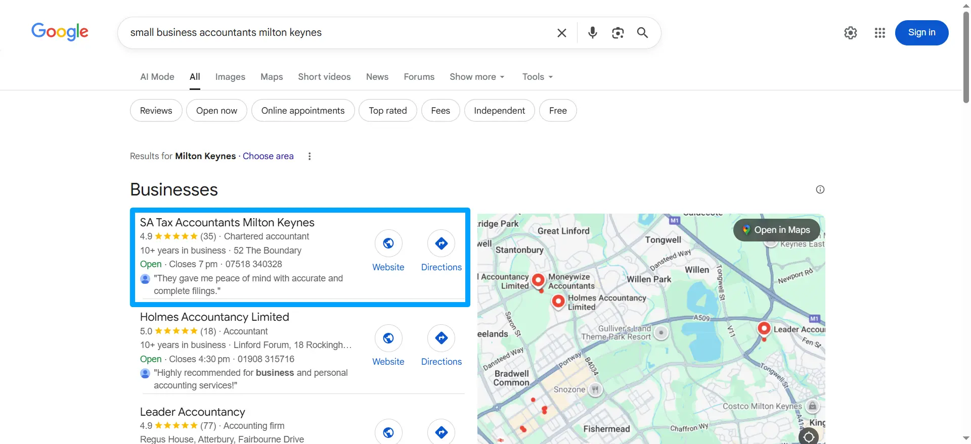SA Tax Accountants Google Search Ranking Results